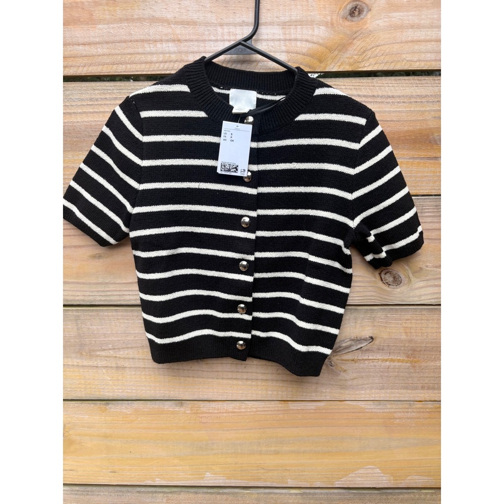H&M Black White Striped Short Sleeve Cropped Knit Cardigan Silver Buttons Small